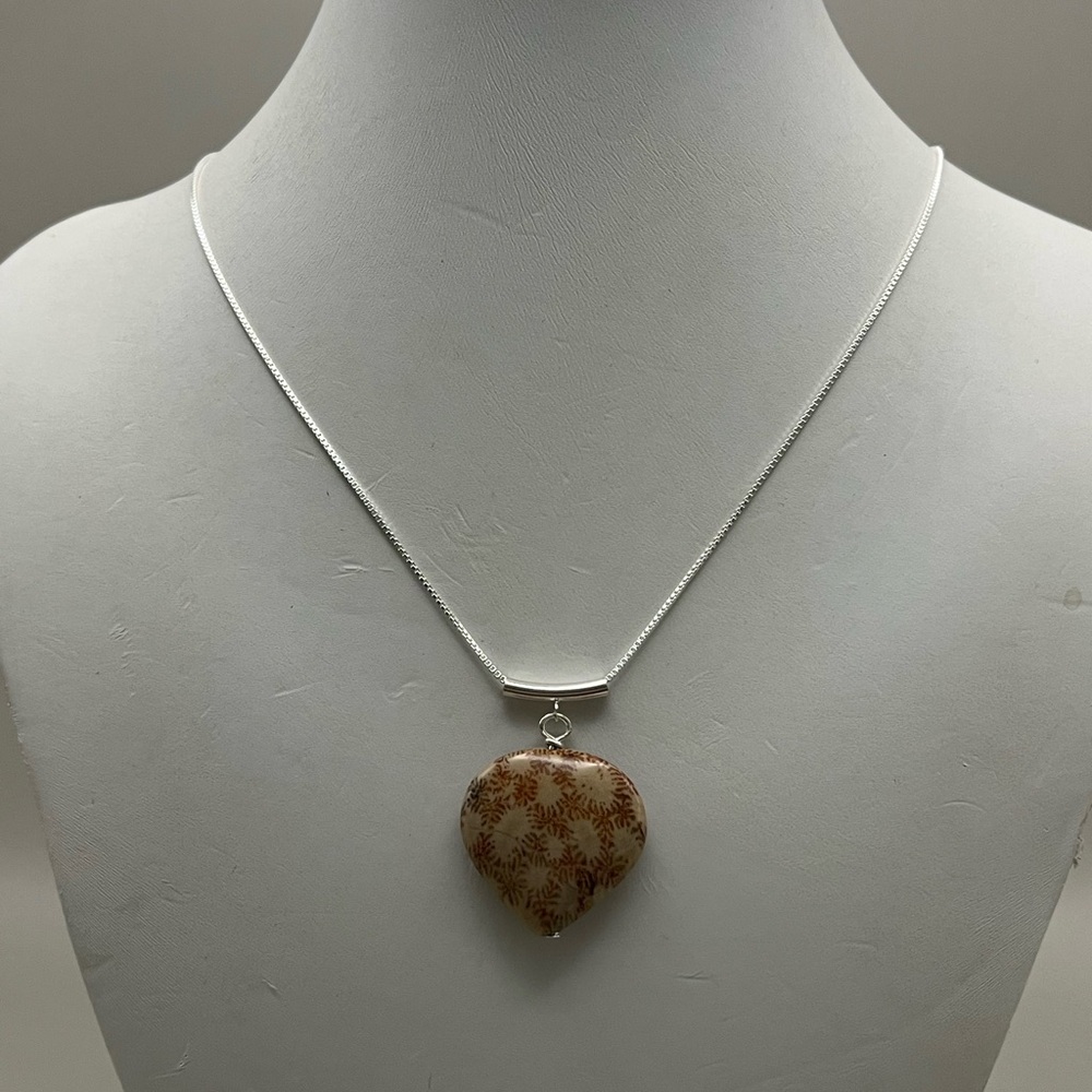 Heart-Shaped Brown Fossil Coral Stone Necklace with Sterling Silver Chain - Picture 2 of 5